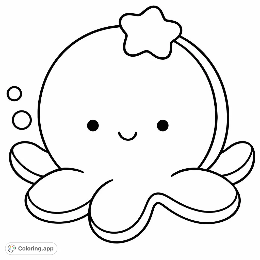 A charming, smiling octopus with a star on its head and playful tentacles. Perfect for a fun and easy coloring experience.