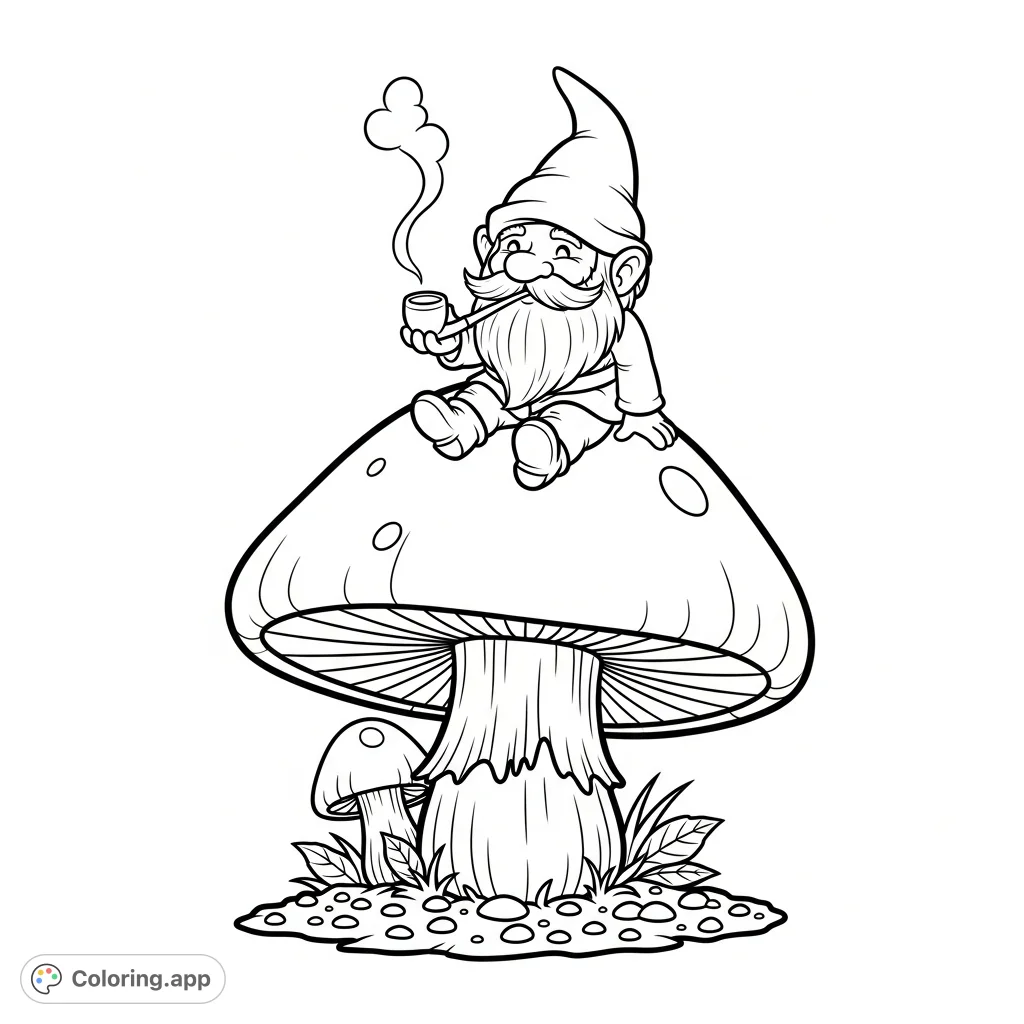 A charming gnome perched on a large mushroom, peacefully enjoying its pipe with a plume of smoke, set in a whimsical forest glade. A unique adult coloring page.