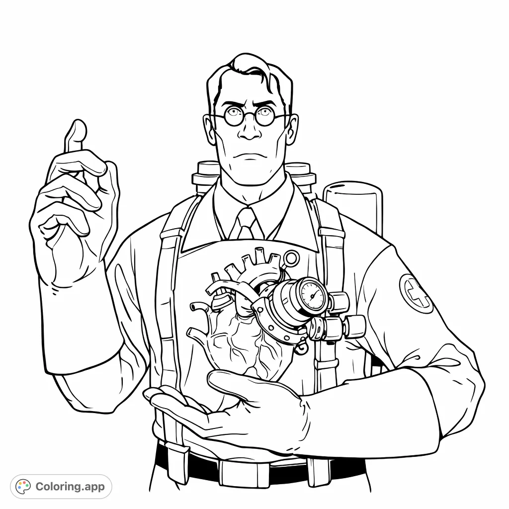 A detailed coloring page featuring a distinguished doctor holding a complex mechanical heart. Explore futuristic medical themes and intricate designs.