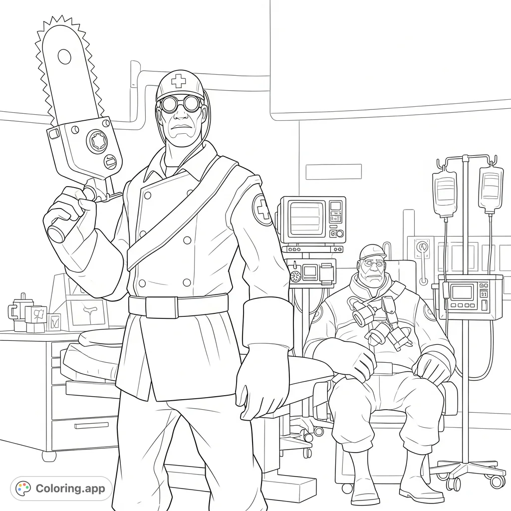 An intense Team Fortress 2 Medic stands ready with the Amputator, tending to a Heavy patient in a detailed medical bay scene. Perfect for fans!