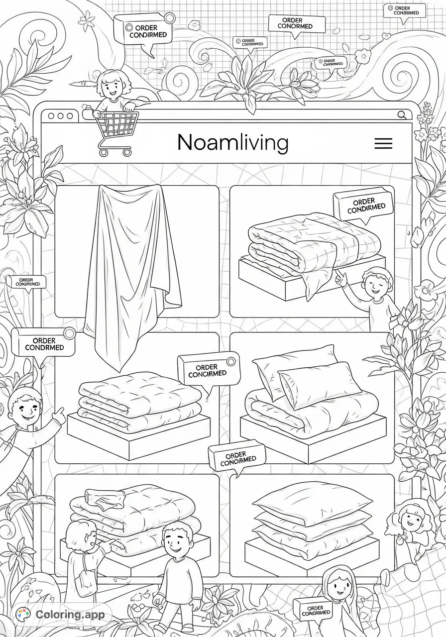 Immerse yourself in the bustling world of Noamliving, a joyful bed linen shopping experience. This coloring page features a stylized webpage with happy shoppers and cozy textiles.