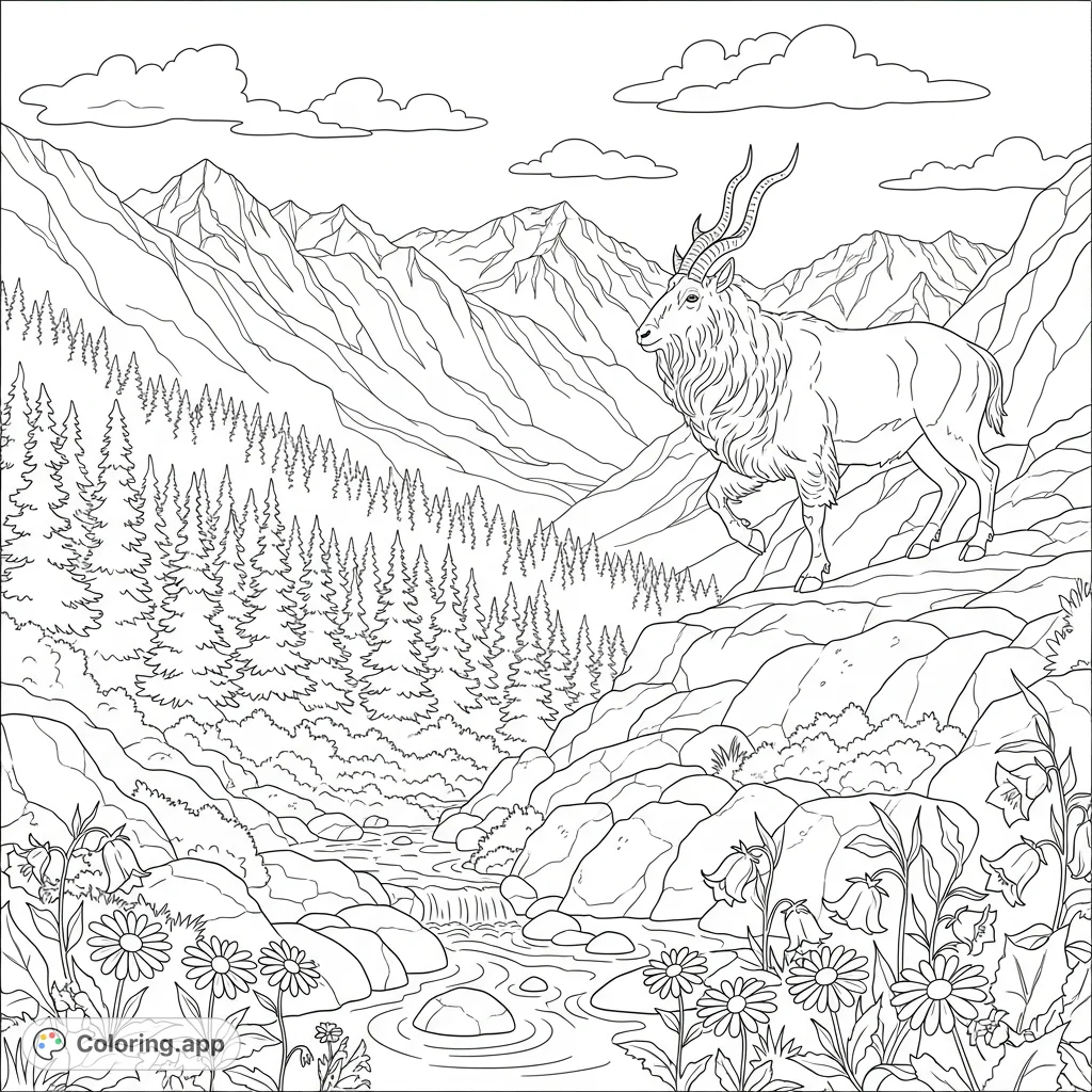 Discover a stunning Markhor coloring page, showcasing the magnificent animal on a rocky slope amidst snow-capped peaks, forests, and wildflowers.