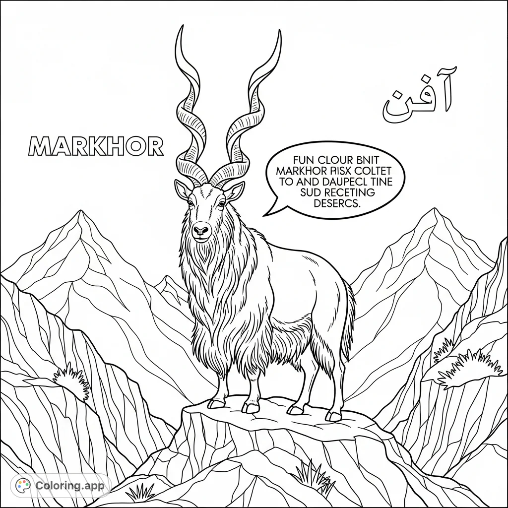 A majestic Markhor with impressive spiral horns stands on a mountain peak, featuring its name in English and Urdu, plus a fun fact bubble. A unique mountain animal coloring page.