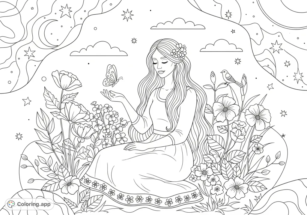 Join Elianna Elizabeth in her peaceful flower garden, surrounded by blossoms and gentle creatures. A delightful free printable coloring page for tranquil creativity.