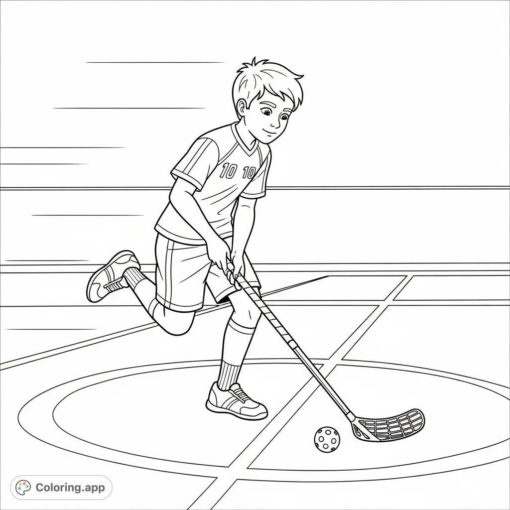 Capture the excitement of a 10-year-old boy playing floorball on an indoor court, showcasing athletic movement and focus. Perfect for sports fans!