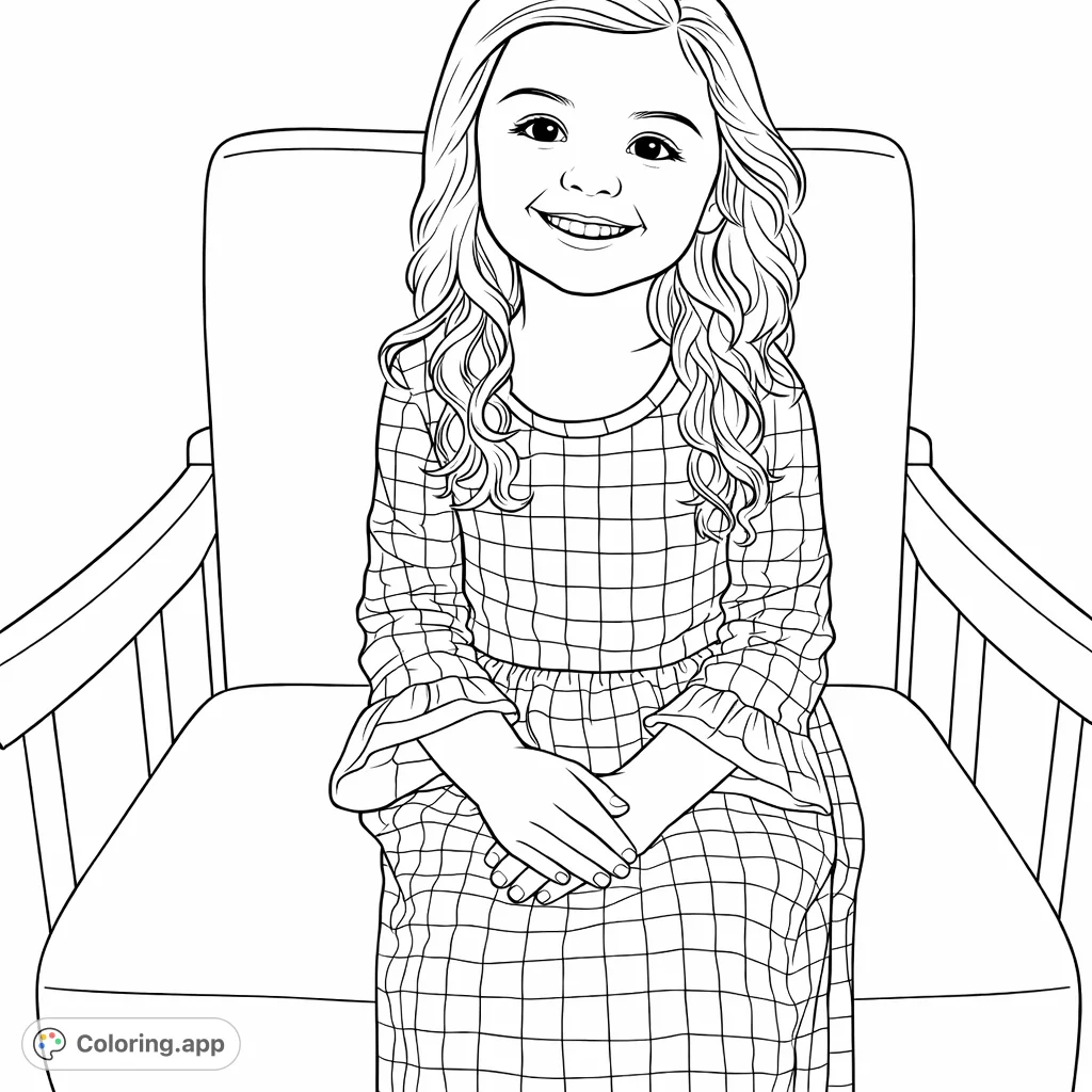 Color a delightful young girl wearing a charming gingham dress, sitting in a cozy armchair. Perfect for sparking creativity and practicing detailed coloring.