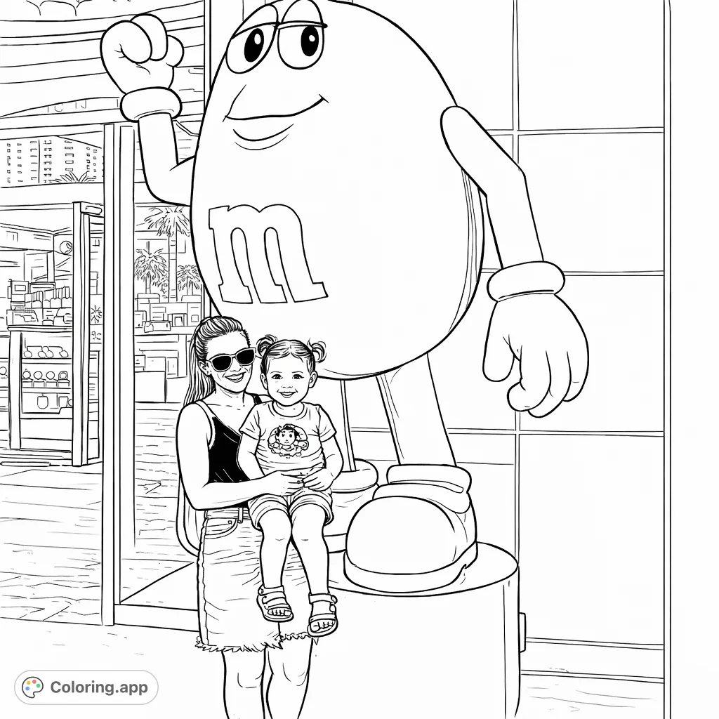 Color a delightful scene featuring a large, friendly candy character with a woman and child, perfect for fans of iconic mascots and family moments.