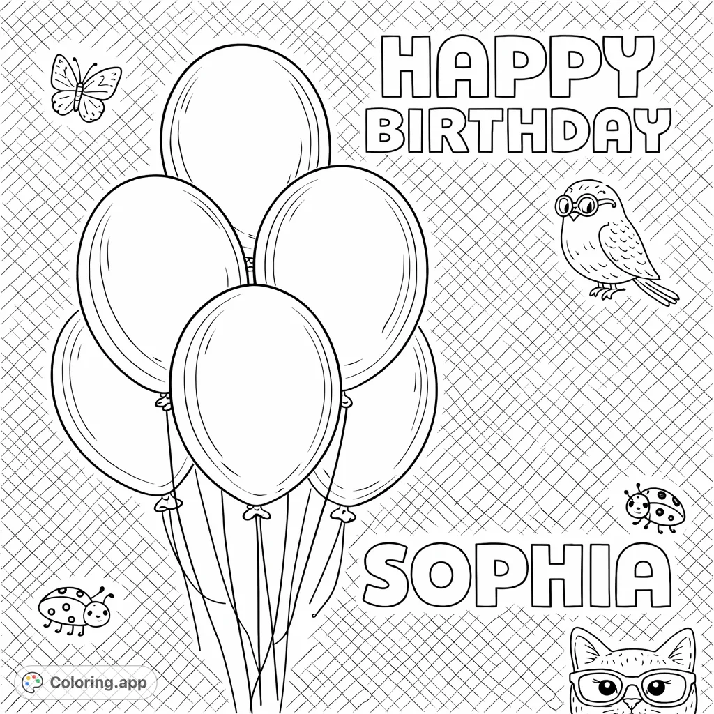 Get this free printable birthday coloring page! Features realistic balloons, a personalized name, and charming animal motifs with crosshatching.