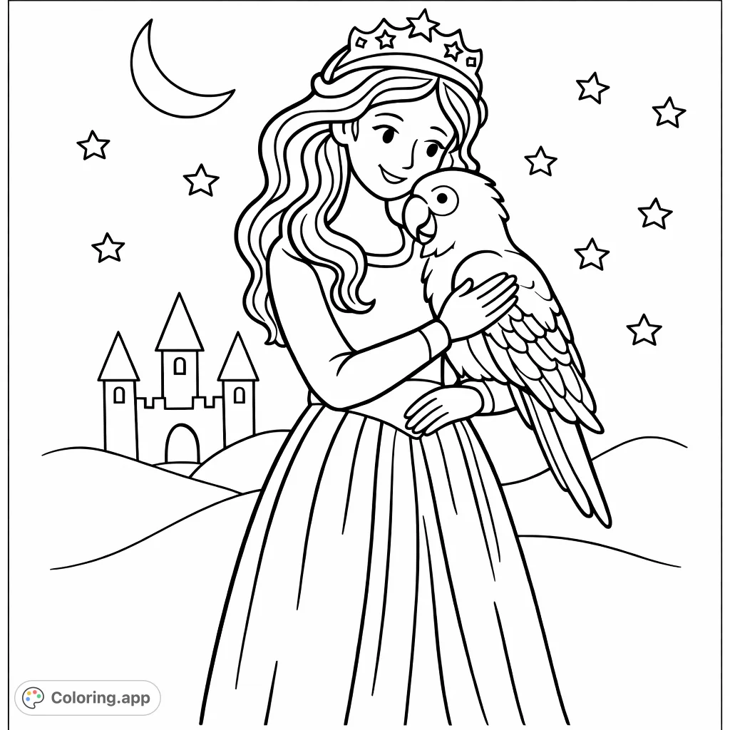 A charming princess with a kind smile, holding her parrot companion, set against a whimsical castle backdrop with a crescent moon and twinkling stars.