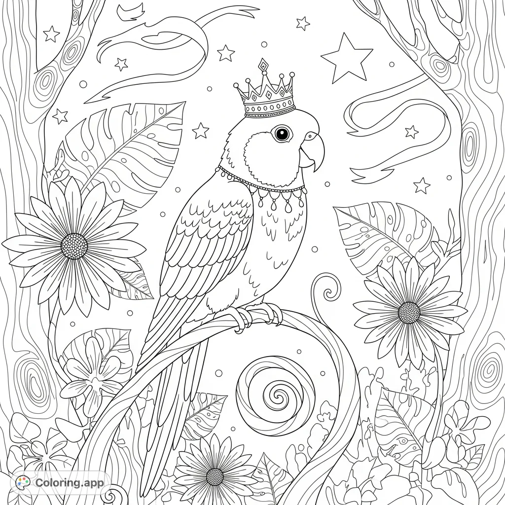 A majestic Princess sunconure parrot, crowned and adorned, surveys a whimsical wonderland of exotic flora and enchanted elements. A fantastical nature scene.