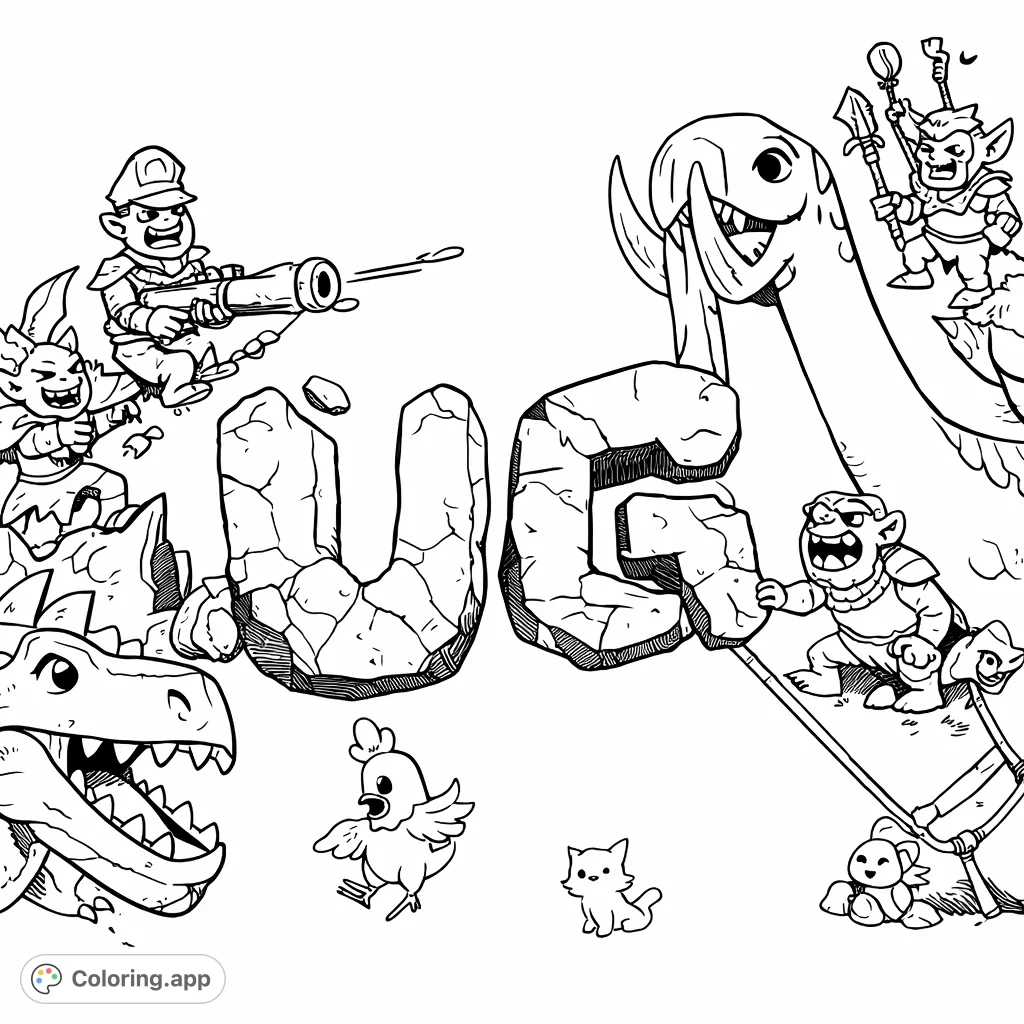 An epic blocky creature clash with a dragon, mammoth, and various fantasy characters surrounding large stone letters. A fun, detailed adventure coloring page!