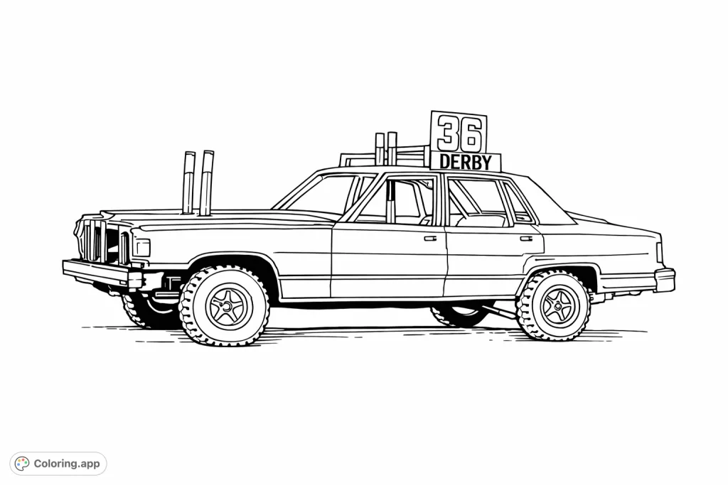 Get ready to color a robust demolition derby car! This powerful vehicle, with its number 36, massive tires, and reinforced structure, promises an exciting coloring adventure.
