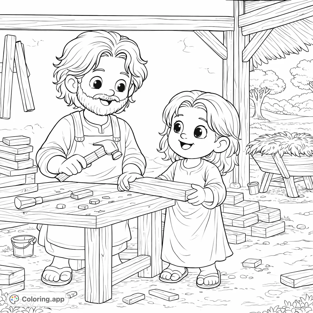 A heartwarming scene of a bearded man teaching a child woodworking in a rustic workshop. Features a hammer, wood planks, and an outdoor view.