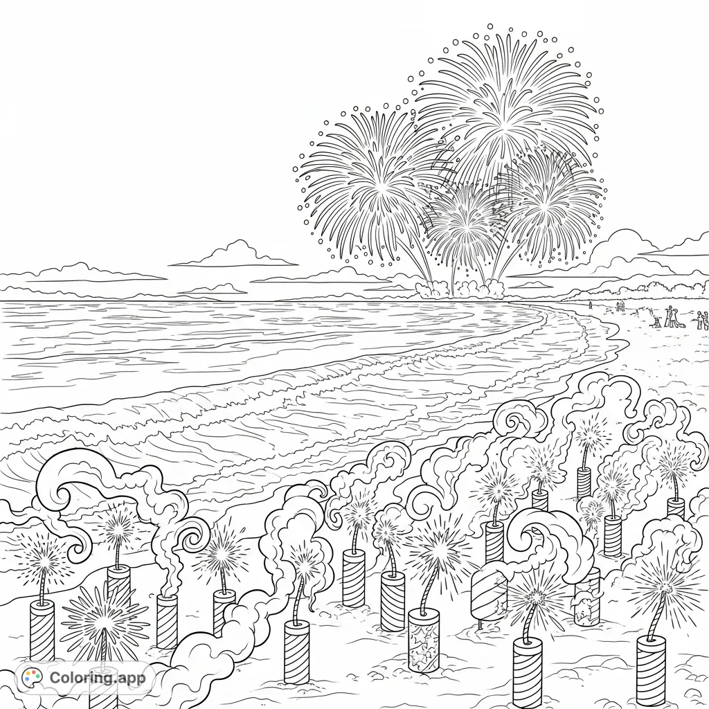 Celebrate Fourth of July with this vibrant beach fireworks scene! Firecrackers on the sand, grand explosions in the sky, and ocean waves create a festive display.