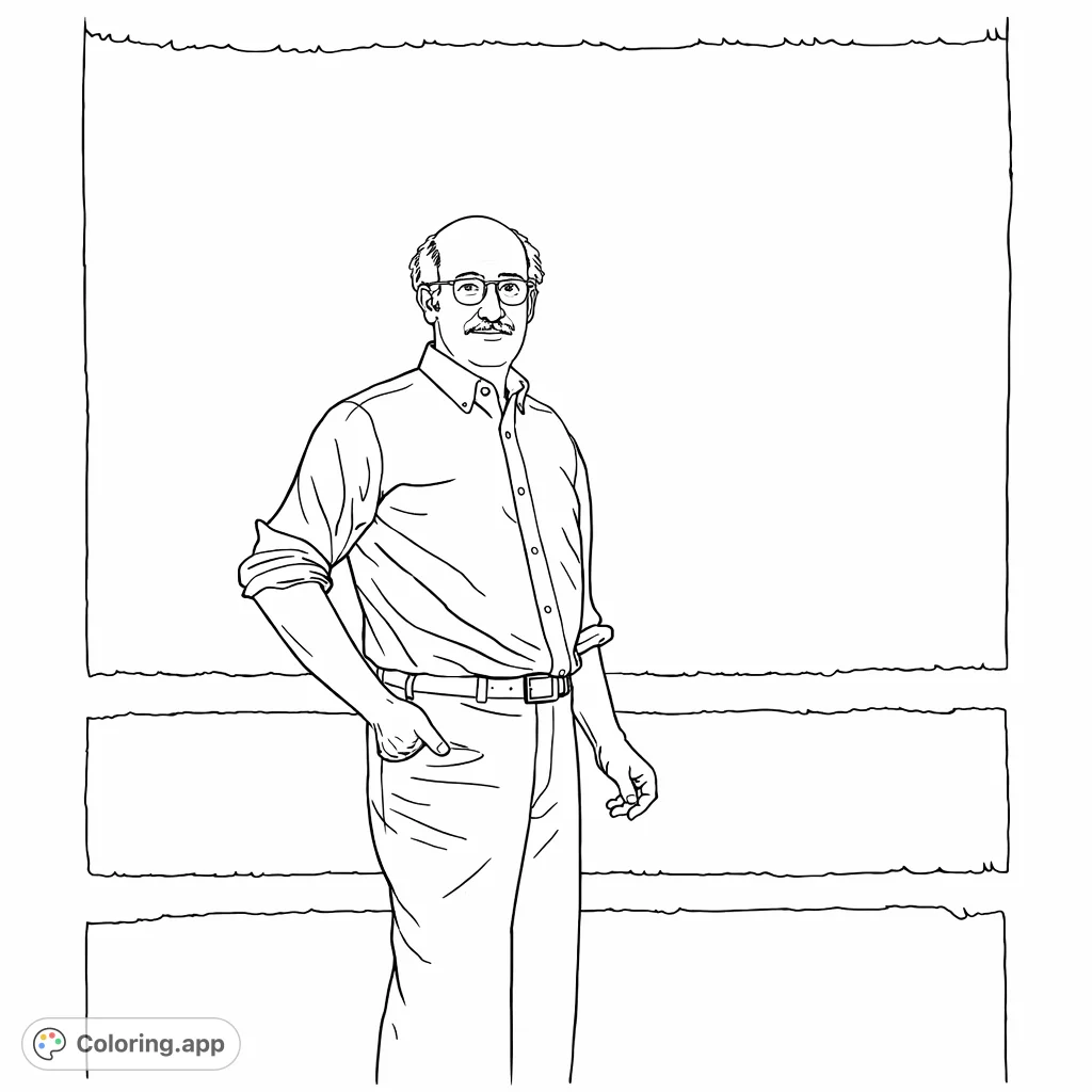 Color a thoughtful artist against a striking abstract painting, featuring layered rectangular forms. A sophisticated challenge for art enthusiasts.