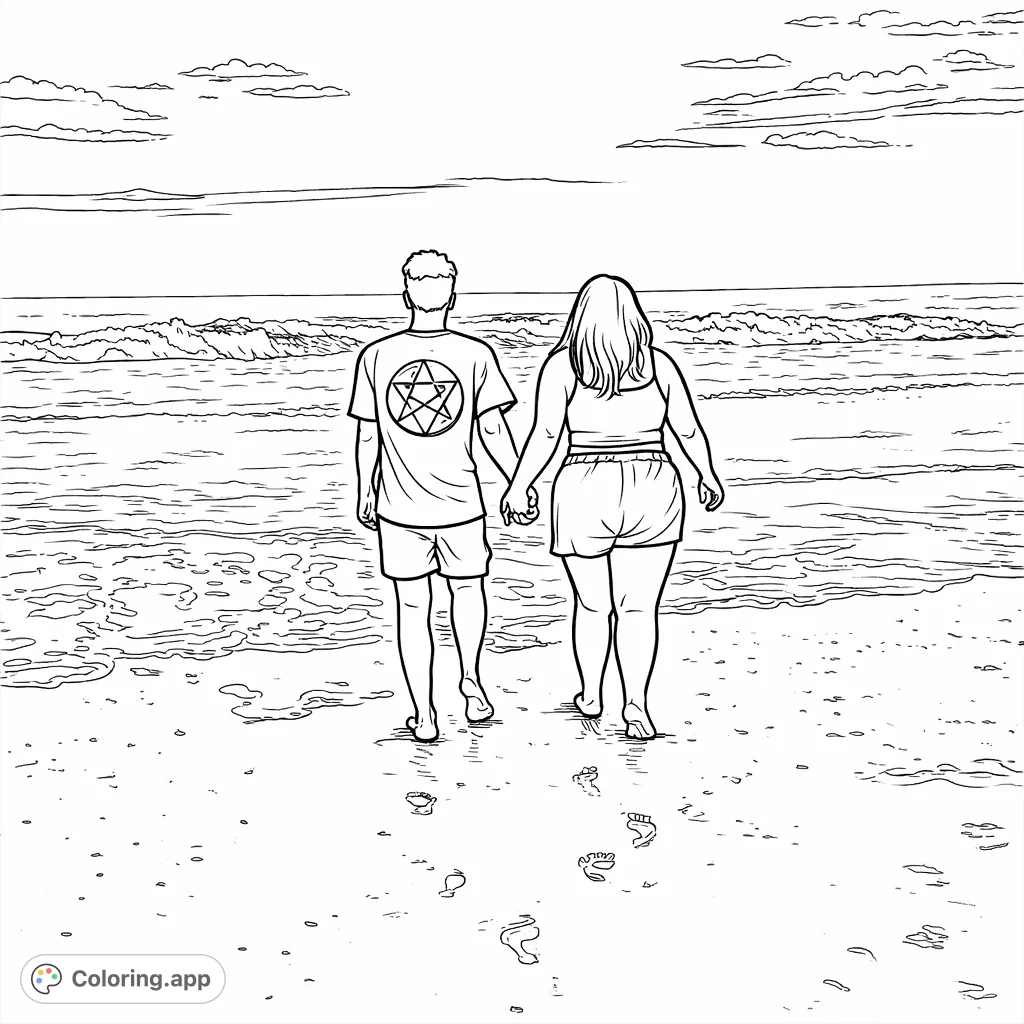 Capture a moment of connection with this beach couple coloring page. Two figures walk hand-in-hand along the shore as waves gently roll in.