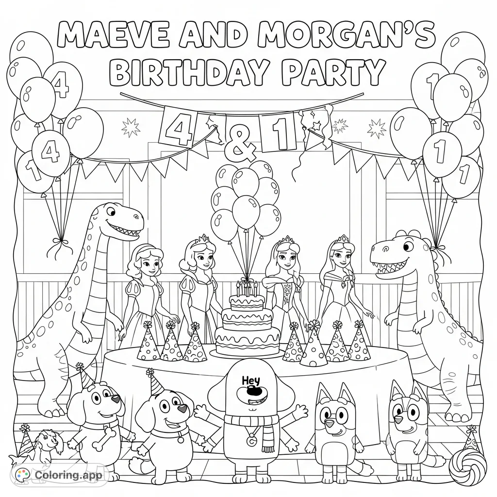Celebrate with Maeve and Morgan! This festive birthday party coloring page features unique characters, a grand cake, and joyful decorations.