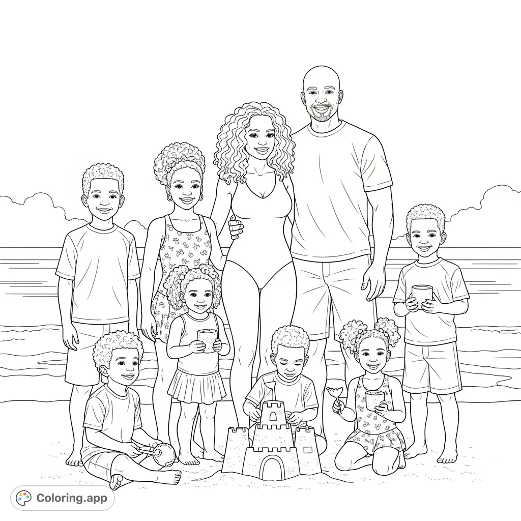 A joyous African American family enjoys a beach adventure. Mom, dad, and six kids build sandcastles and play, radiating happiness and family love.