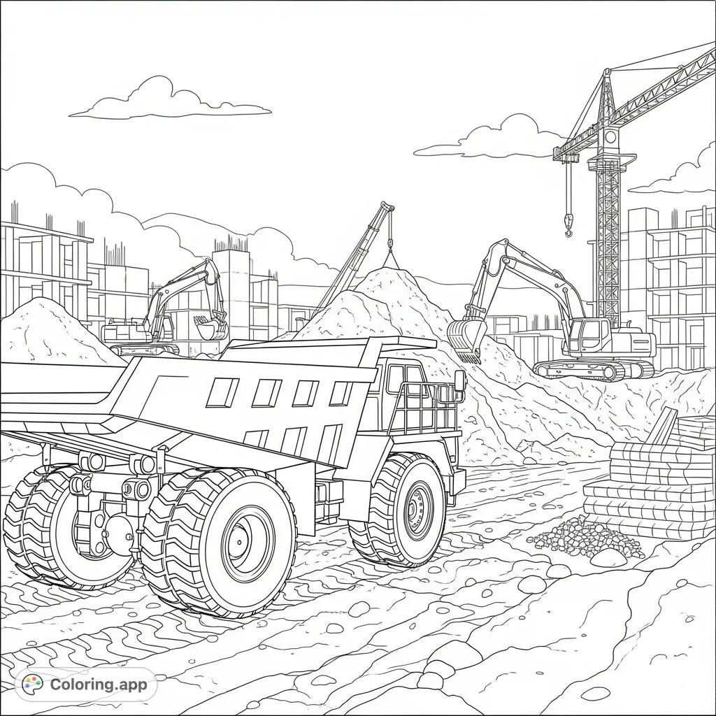 A dynamic construction site features a powerful dump truck with prominent wheels amidst other heavy machinery and earth piles. An exciting construction site coloring page.