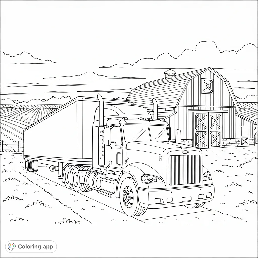 Color a detailed tractor trailer on a bustling farm with a classic barn and expansive fields. Perfect for truck and farm enthusiasts!
