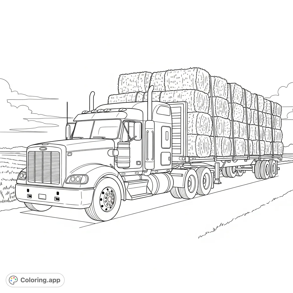 Haul a full load of farm goodness! Color a mighty flatbed truck carrying numerous hay bales through a scenic countryside.