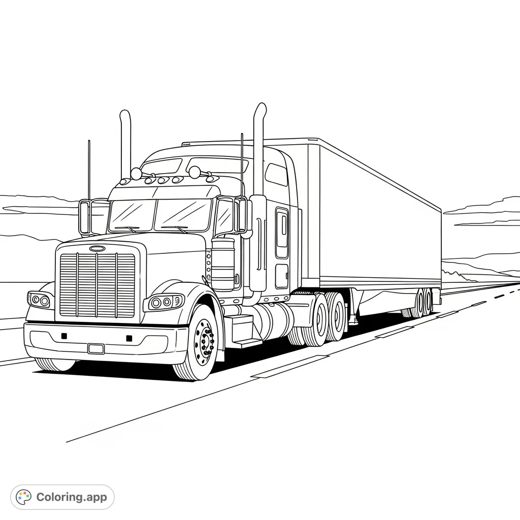 Depicts a powerful semi-truck in motion on a highway, ready for your creative touch. Perfect for truck enthusiasts of all ages.