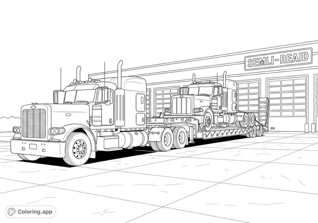 Transport a Peterbuilt semi truck on a flatbed trailer, hauling another semi, at a repair shop. An engaging industrial coloring page.