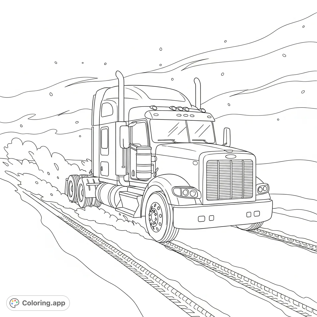 Navigate a powerful semi truck through a challenging snowy road during a blizzard. This free printable semi truck coloring page features detailed tire tracks and a dramatic winter scene.