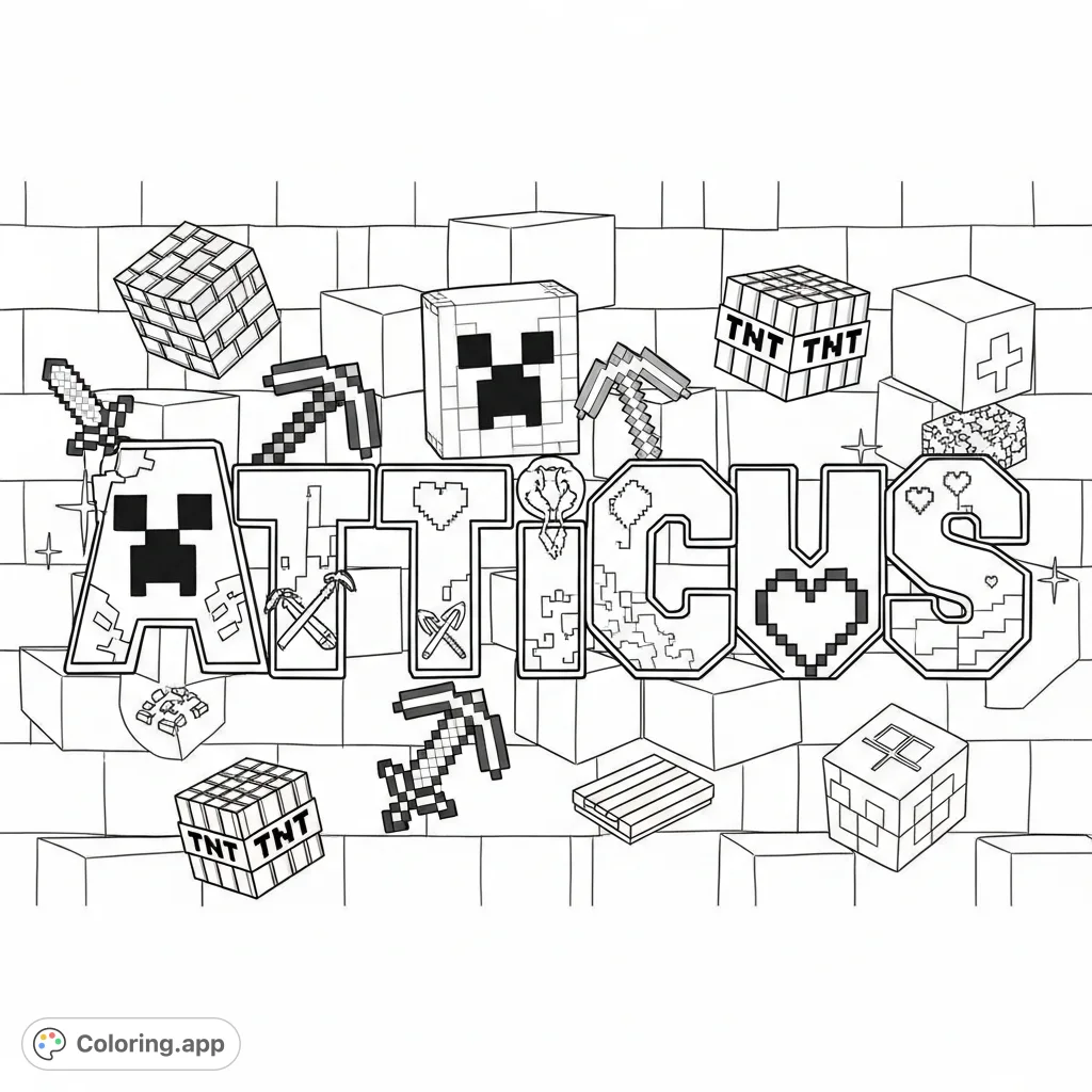 An exciting Minecraft graffiti coloring page featuring the name "Atticus" adorned with creeper faces, pickaxes, and pixelated blocks, perfect for fans.