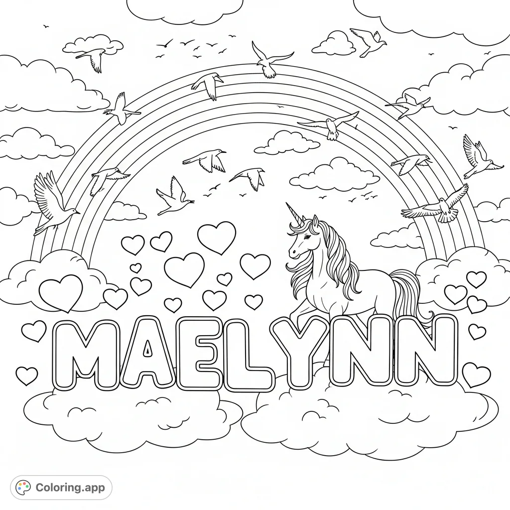 Personalized MAELYNN coloring page featuring a graceful unicorn, vibrant rainbow, whimsical hearts, and playful birds. A magical scene for creative expression.