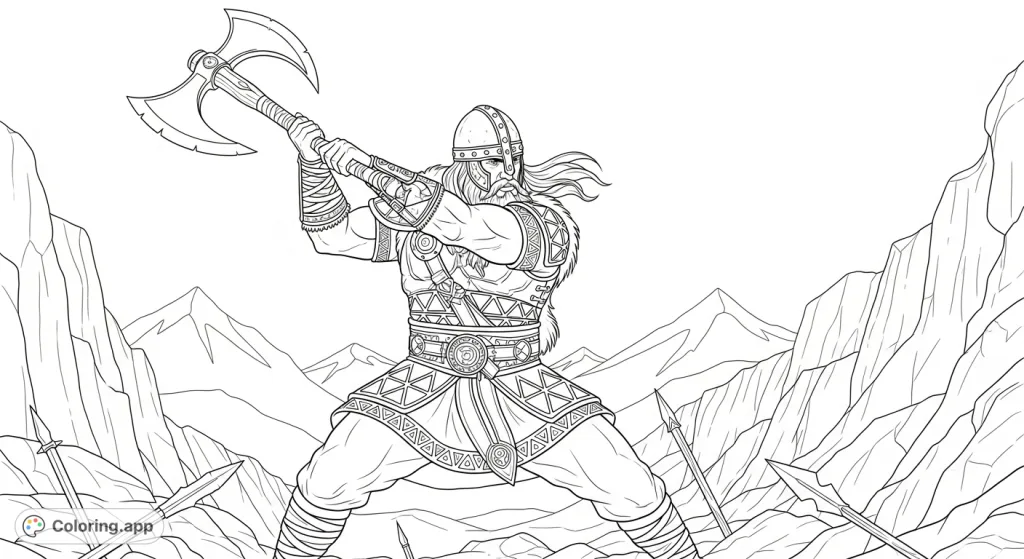 Unleash your creativity with this detailed Viking combat coloring page, featuring a warrior mid-swing with an axe against a rugged landscape.