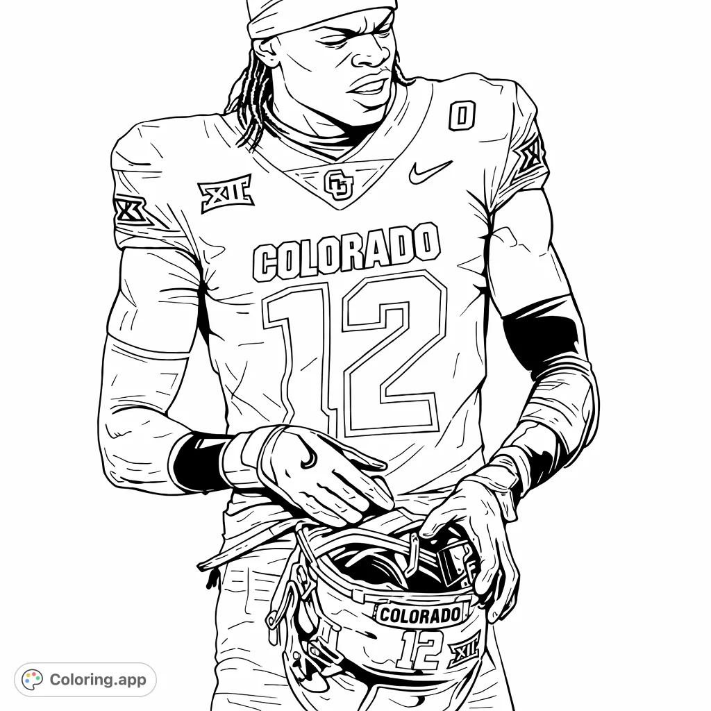 Capture the intensity of a football player in uniform, holding his helmet. This action-packed coloring page features detailed sports gear and an athletic figure ready for the game.