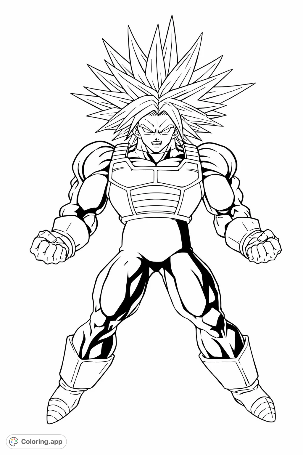 Unleash your creativity with this powerful warrior coloring page. Features an iconic character with spiky hair and battle armor, surrounded by an energetic aura.