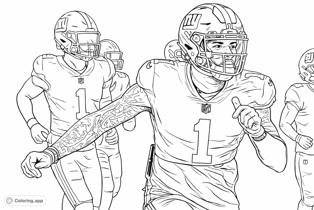 Capture the thrill of the game with this dynamic football player coloring page. Features a player in action, complete with detailed uniform and helmet.