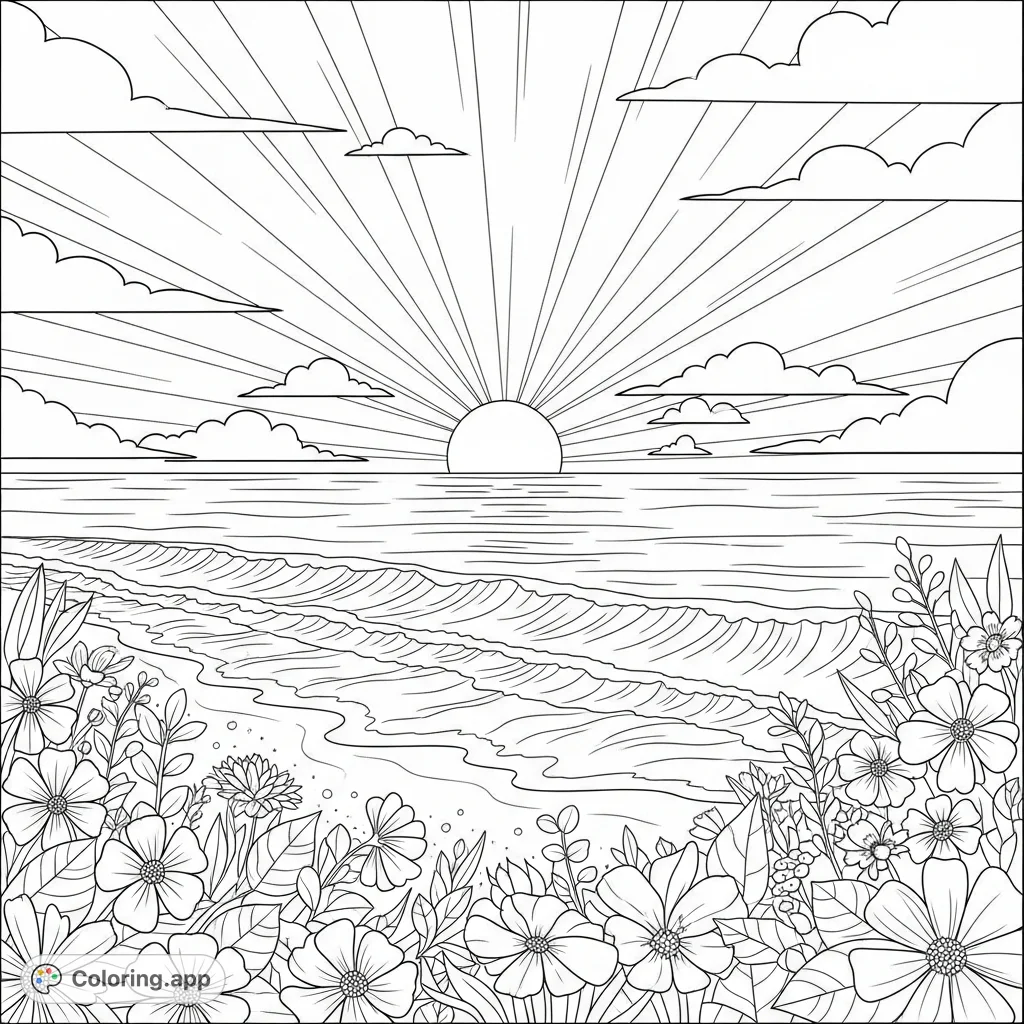 A serene beach vista featuring a vast ocean, soft sandy shore, and a magnificent setting sun, framed by beautiful blossoms.