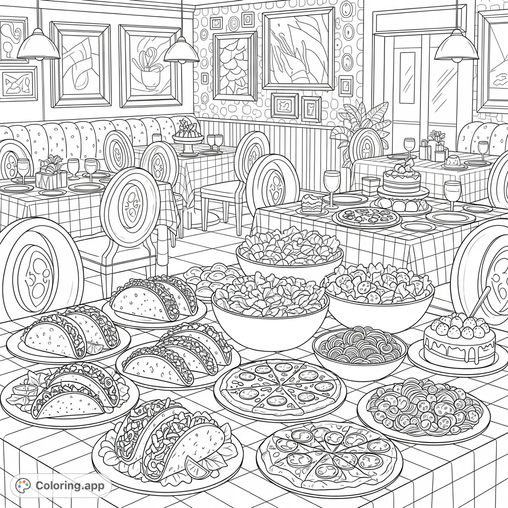 Explore a lively restaurant scene filled with mouth-watering tacos, fresh salads, pizzas, pasta, and desserts, complete with charming tables and chairs.