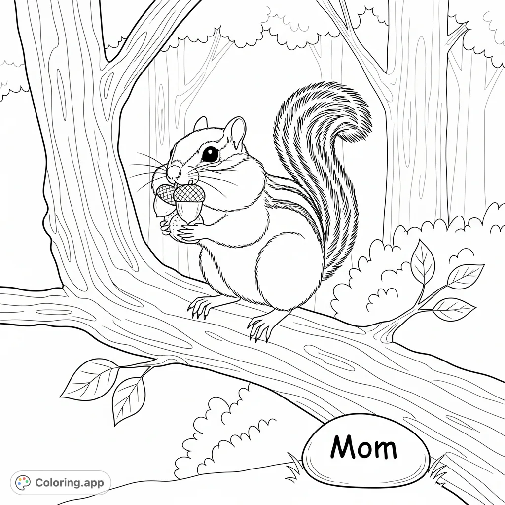 A delightful coloring page featuring a cute, realistic chipmunk with nuts on a tree branch, alongside a special stone inscribed with 'Mom'.