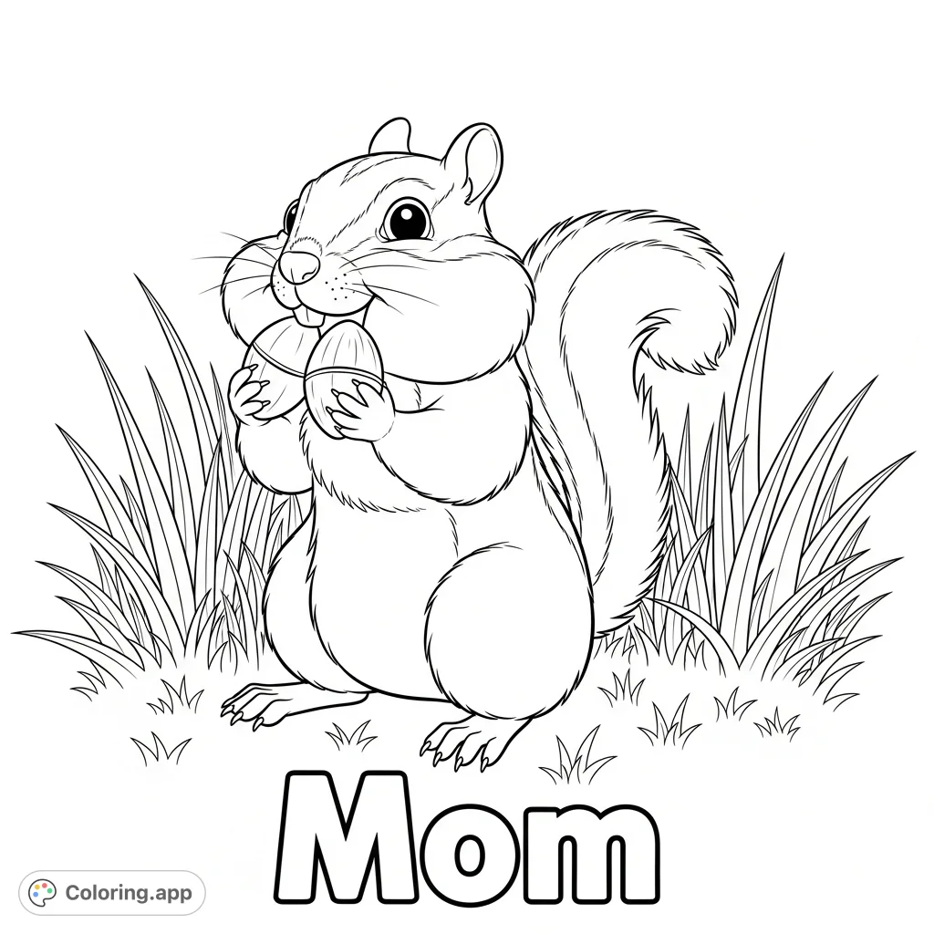 A charming chipmunk with puffed cheeks stuffing nuts, with the word "Mom" displayed prominently on the grass. Perfect for a heartfelt gift!