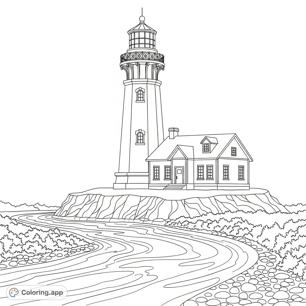 Explore a serene coastal scene featuring a majestic lighthouse, a quaint house, and a flowing river. A peaceful landscape awaiting your creative touch.