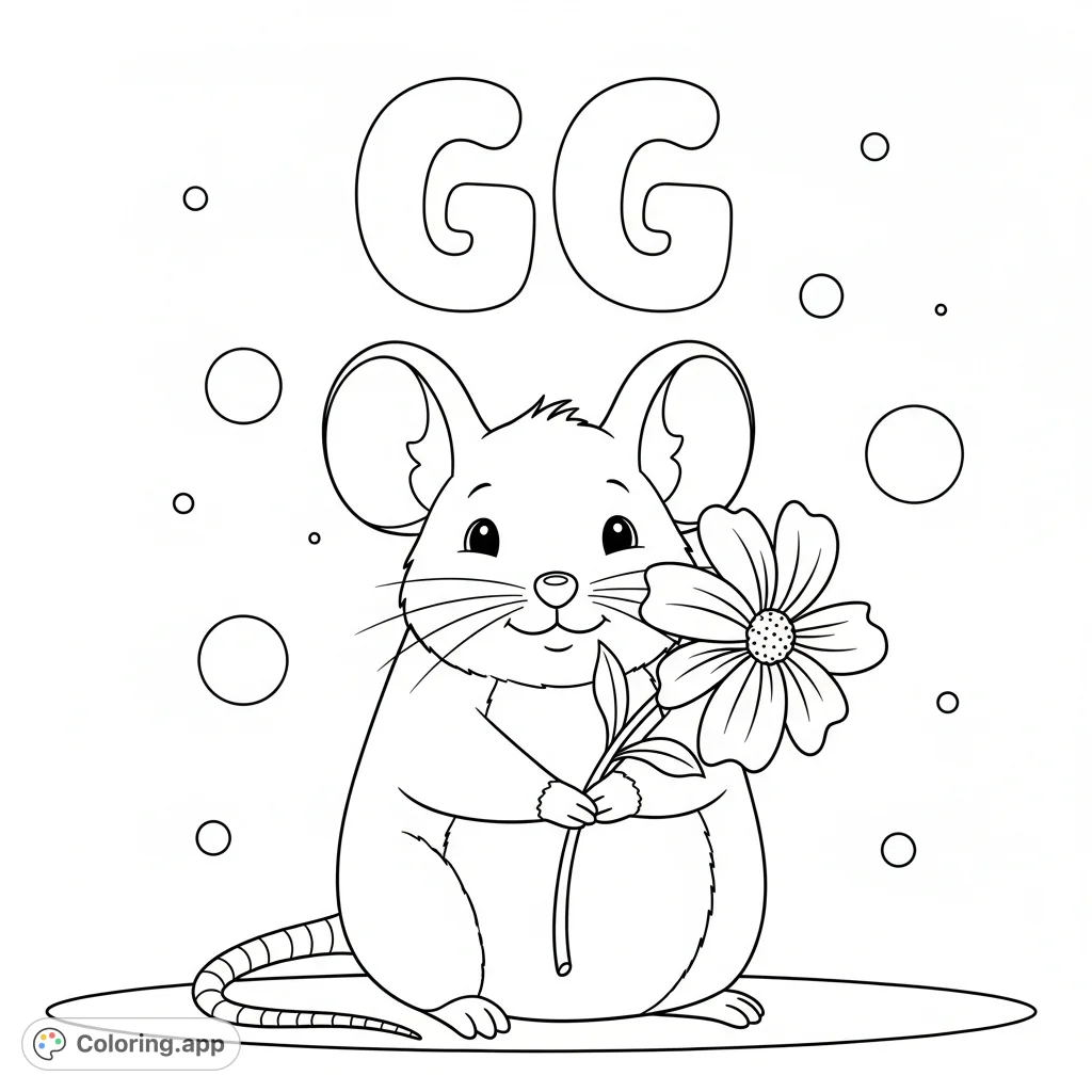 An adorable, cheerful mouse holding a flower, with the name "GG" playfully displayed. A charming and easy mouse coloring page for creative fun.