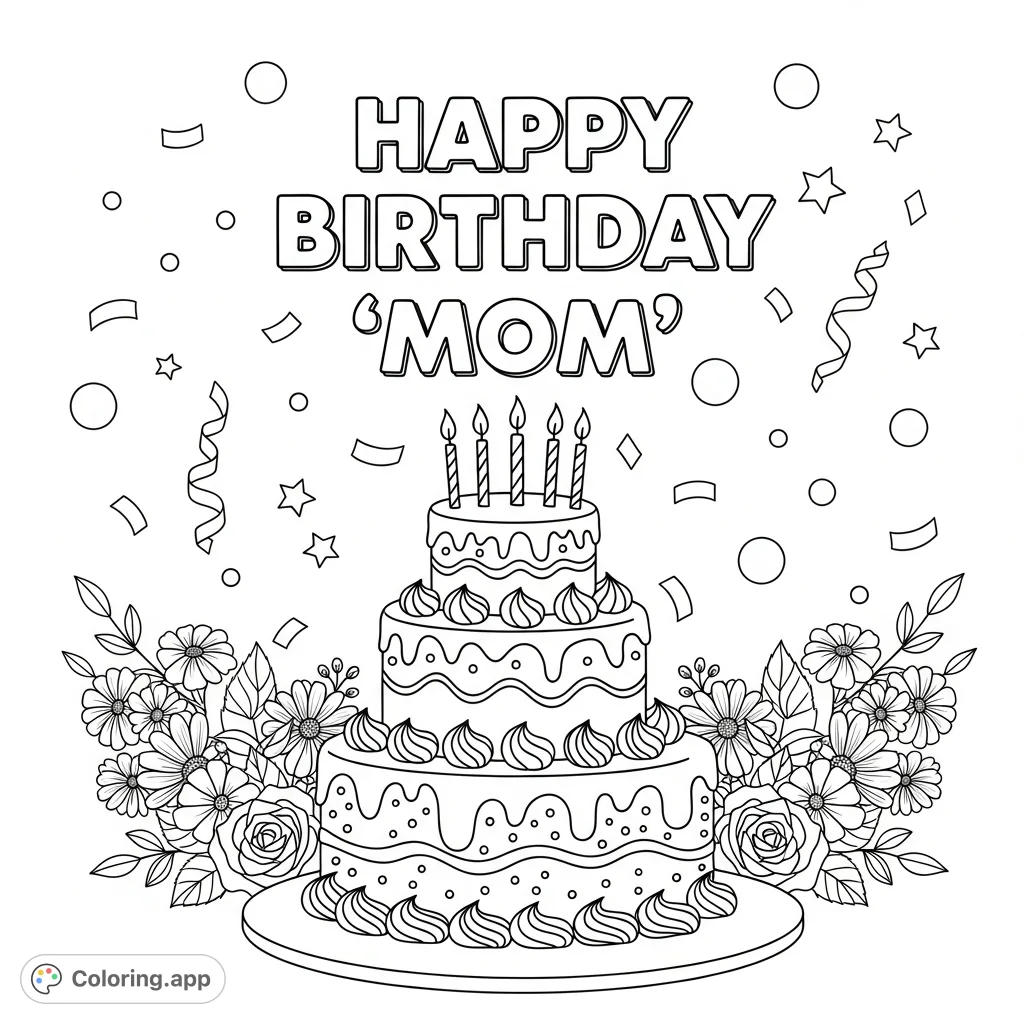Celebrate Mom with a heartfelt 'Happy Birthday' message, a festive multi-tiered cake, scattered confetti, and elegant floral arrangements. Perfect for expressing love.