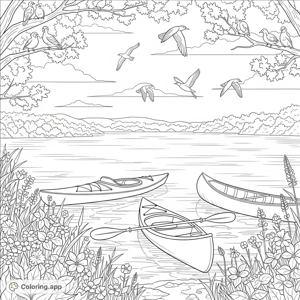 Explore a tranquil lake scene with kayaks, a canoe, blooming flowers, and graceful birds. A beautiful nature coloring page for all ages.