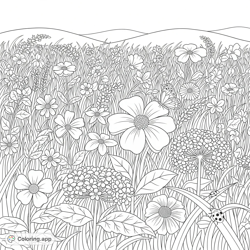 A charming free printable coloring page featuring a vibrant meadow scene with a variety of blooming flowers nestled within lush, textured grass.