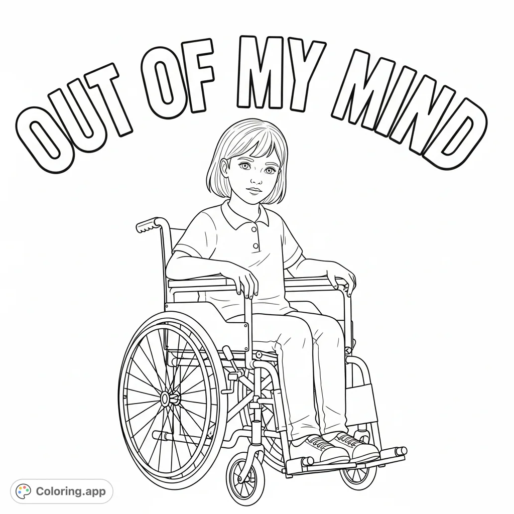 Color this free printable Out of My Mind coloring page featuring Melody Brooks in her wheelchair, a powerful visual from the beloved novel.