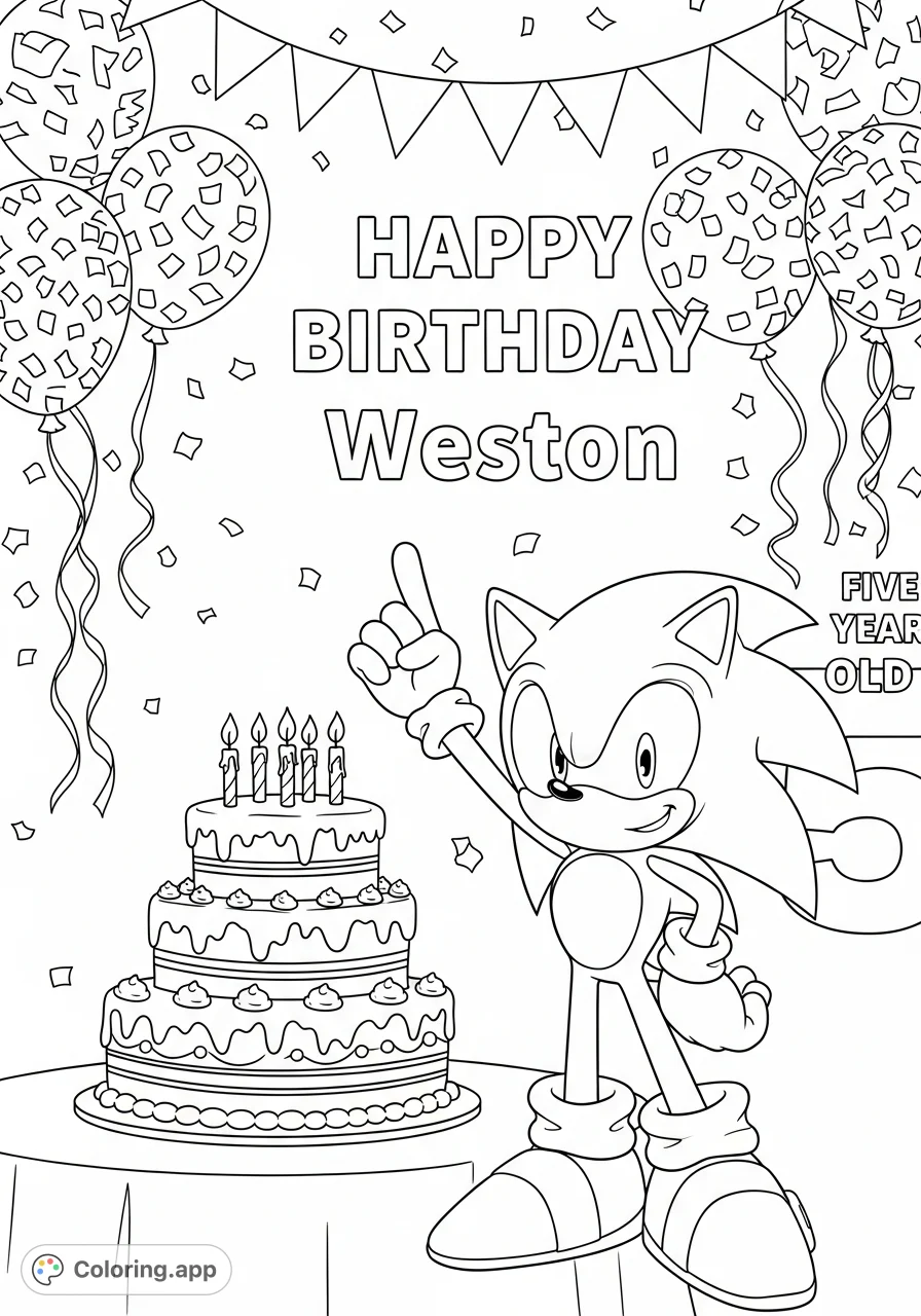 Celebrate with Sonic the Hedgehog and a festive birthday cake for Weston! This free printable birthday coloring page is perfect for five-year-olds and fans of speedy adventures.