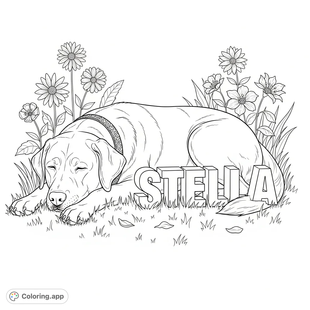 A charming and detailed Labrador coloring page featuring 'Stella' resting peacefully among lush grass and a variety of blooming flowers. Perfect for dog lovers!