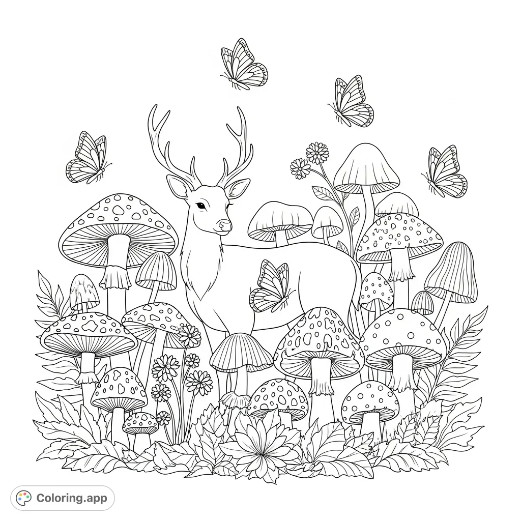Discover a tranquil woodland scene featuring a graceful deer, delicate butterflies, and an array of detailed mushrooms and plants. A captivating nature coloring page.