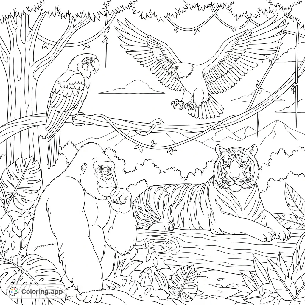A captivating jungle scene featuring a majestic parrot, powerful gorilla, regal tiger, and soaring eagle amidst lush foliage. Perfect for wildlife enthusiasts.