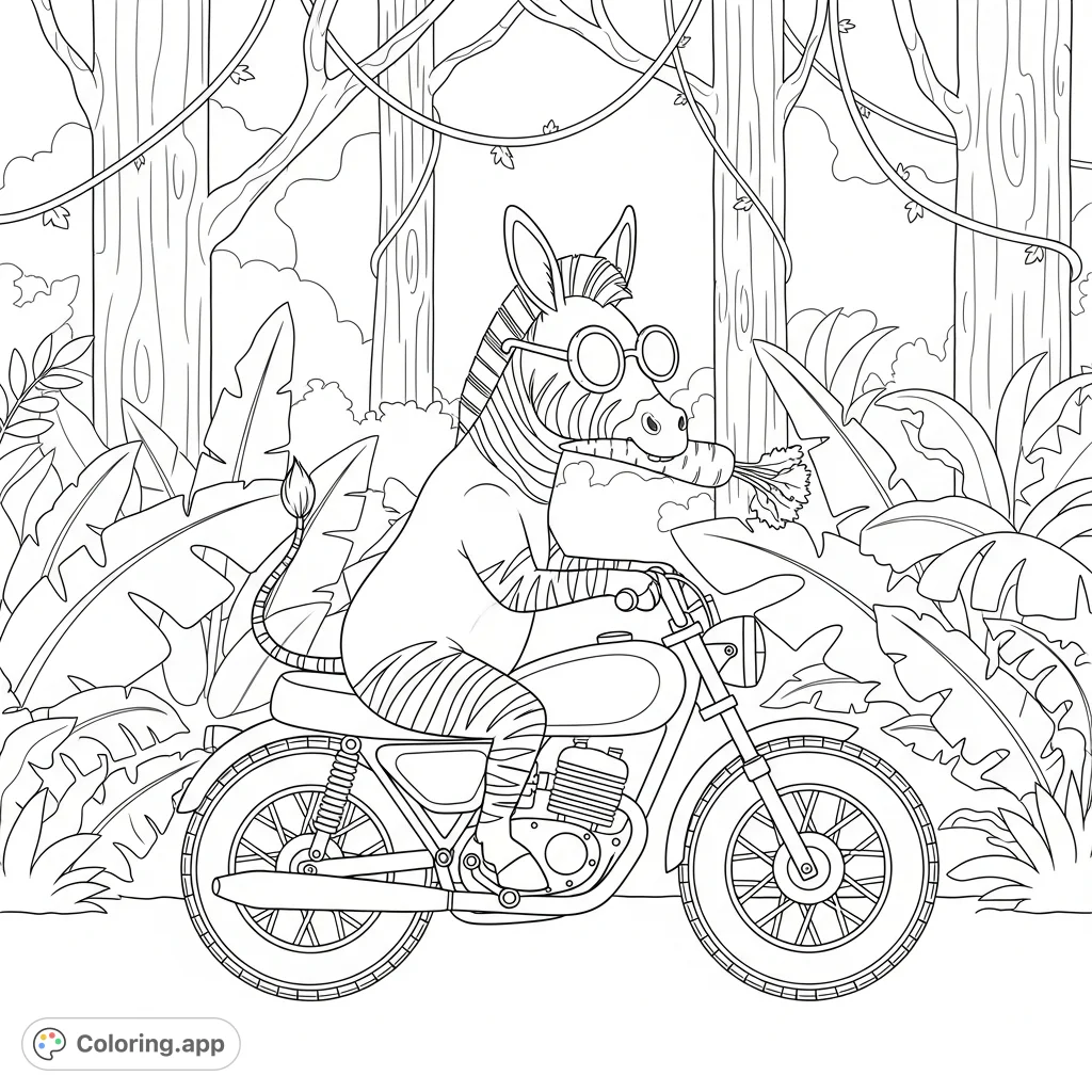 Zoom through the jungle with this cool zonkey coloring page! Featuring a striped zonkey on a motorbike, wearing sunglasses and munching a carrot.