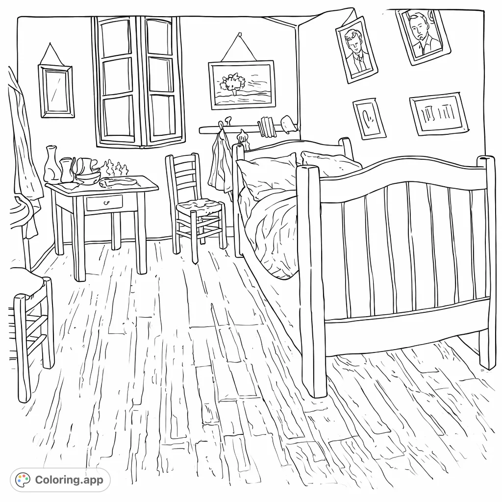 Explore a detailed bedroom scene with a large bed, table, chairs, and wall art, offering a classic interior for creative coloring.